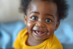 Adorable African American baby with big beautiful eyes, smiling joyfully at the camera, capturing the essence of childhood happiness. photo