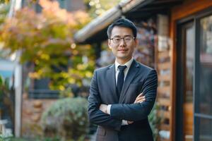 A confident East Asian male in a dark suit stands outside, smiling, with arms crossed in a serene garden setting. photo