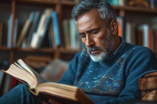 Middle-aged man of Middle Eastern descent reading a book in a cozy library setting. photo