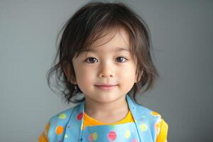 A cheerful young girl of Asian descent in a colorful outfit, smiles adorably against a soft gray background. photo