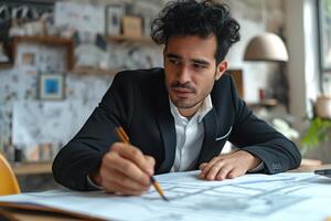 A focused Hispanic man in a suit sketches architectural designs at a modern workspace. photo