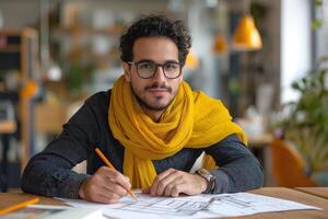 A young Middle-Eastern man with curly hair and glasses is sketching designs at a wooden table, radiating creativity and focus. photo