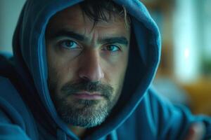 Focused middle-aged man in a hoodie gazes intently with a serious expression. photo