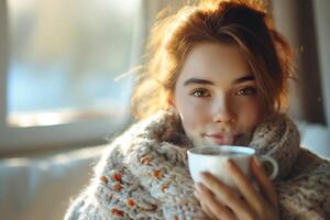 A young Caucasian woman enjoys a warm cup of tea while wrapped in a cozy knitted blanket, radiating comfort and serenity. photo