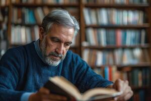 A thoughtful older man with gray hair and a beard reading a book in a cozy library full of books. photo