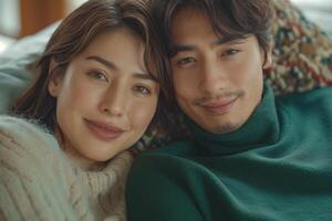 A close-up of a young Asian couple cuddling on a couch, radiating warmth and affection. photo