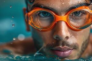 Close-up of a young Middle-Eastern male swimmer wearing orange goggles, focused while submerged in water. photo
