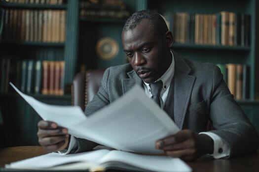 A middle-aged Black man in formal attire intensely reviews legal documents in a library setting. photo