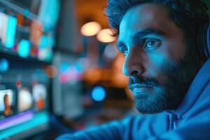 Focused young South Asian male working on editing in a dimly lit room with vibrant screens. photo