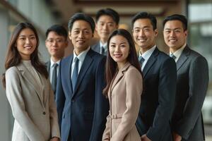 A diverse group of young professionals, including three women and four men, posed confidently in an elegant office setting. photo