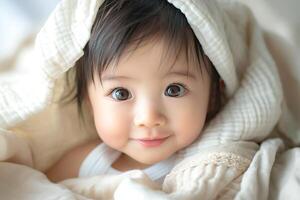 Adorable baby girl with big bright eyes wrapped in a soft, silky blanket, exuding warmth and innocence. photo