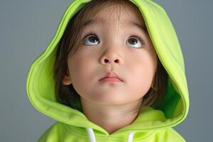A curious Asian toddler with big brown eyes gazes upwards while wearing a vibrant green hoodie, embodying innocence and wonder. photo
