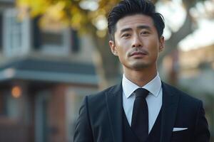 A poised Asian man in a tailored black suit stands confidently against a blurred background of trees, exuding elegance and charm. photo