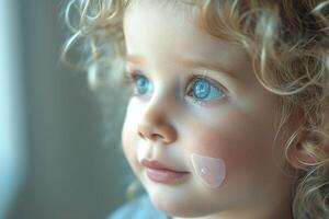 A close-up of a young Caucasian girl with curly hair, featuring a gentle expression and skincare on her cheek. photo