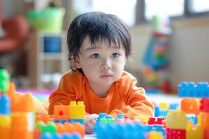 A young Asian boy in an orange shirt playfully engages with colorful building blocks on the floor. photo