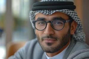 Smiling Middle-Eastern man wearing glasses and a traditional keffiyeh, exuding confidence and warmth. photo