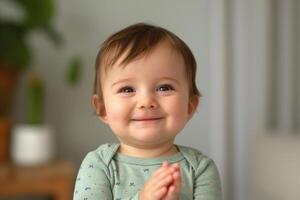 A joyful toddler clapping hands, wearing a light green outfit with patterns and a big smile, embodying innocence and happiness. photo