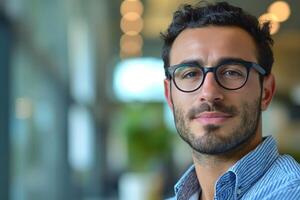 Confident young Middle Eastern man with glasses, smiling indoors with a modern and bright background. photo