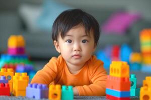 A curious Asian toddler plays with colorful building blocks, surrounded by a vibrant array of toys, capturing a moment of childhood wonder. photo