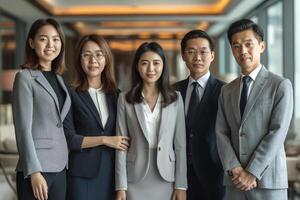 A diverse group of professionals poses confidently in a modern office setting, showcasing teamwork and collaboration. photo
