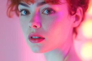 A close-up portrait of a young Caucasian woman with vibrant red hair, illuminated by colorful lights, exuding a soft and captivating mood. photo