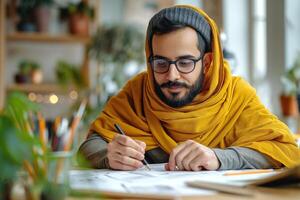 A young South Asian man in a yellow shawl sketching thoughtfully at a desk, surrounded by greenery and natural light. photo