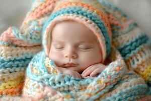 A peaceful baby girl with light skin wrapped in a cozy, colorful knitted blanket, resting with a serene expression. photo