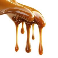 Close-up of hands dripping with thick, golden caramel, creating a deliciously glossy effect. photo