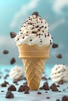 Delicious ice cream cone topped with whipped cream and chocolate sprinkles, set against a dreamy blue background. photo