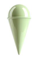 A close-up of a glossy green ice cream cone, showcasing its smooth texture and vibrant color against a white background. photo