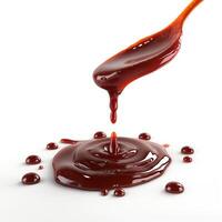 A close-up of rich, glossy red sauce drizzling from a spoon, creating a beautiful splash on a white surface. photo