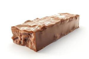 A close-up of a chocolate bar with a creamy filling, showcasing a smooth, shiny exterior and rich texture. photo