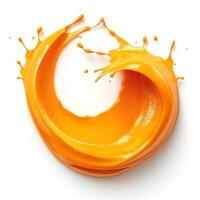 Vibrant orange paint splash creating a dynamic swirl against a white background. photo