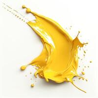 Vibrant yellow paint splash creating an artistic and dynamic effect against a white background. photo