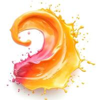 A vibrant splash of orange and pink liquid forming a dynamic swirl against a white background. photo