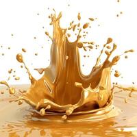 A stunning splash of golden liquid, creating dynamic droplets against a clean white background. photo
