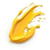 Vibrant yellow paint splash creating an artistic texture on a white background. photo
