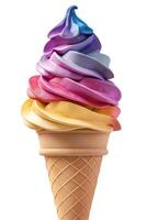 A vibrant swirl of purple, pink, and yellow soft serve ice cream in a classic waffle cone. photo
