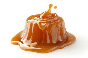 Close-up of a glossy caramel dessert with a splash effect, showcasing its rich golden color. photo