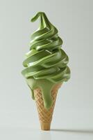 A delicious green ice cream cone with a soft-serve swirl, dripping slightly, showcasing a fresh and vibrant dessert. photo