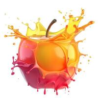 A vibrant apple splashing in a burst of colorful liquid, showcasing a lively mix of red, yellow, and orange hues. photo