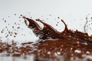 Close-up of rich, dark chocolate splashing against a light background, creating a dynamic and appetizing scene. photo