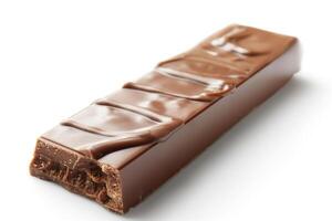 Close-up of a shiny milk chocolate bar with a smooth surface, showcasing its rich, creamy texture. photo