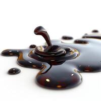 A close-up of glossy, dark liquid splashing against a white background, creating dynamic shapes and reflections. photo