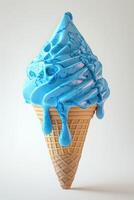 A vibrant blue soft-serve ice cream cone, dripping slightly, set against a light background. photo