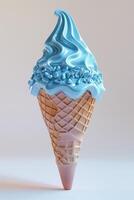 A blue swirled ice cream cone with a waffle cone base, conveying a fun and playful mood. photo