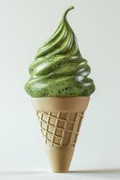 A delicious swirl of matcha green tea ice cream in a classic cone, showcasing vibrant colors and smooth texture. photo