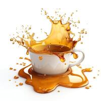 A splash of hot beverage overflowing from a white cup, creating an energetic and dynamic scene. photo