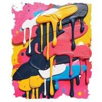 Colorful abstract artwork featuring vibrant drips of paint in various colors against a bright background. photo