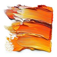 Vibrant abstract art featuring dynamic orange and yellow paint strokes on a clean white background. photo